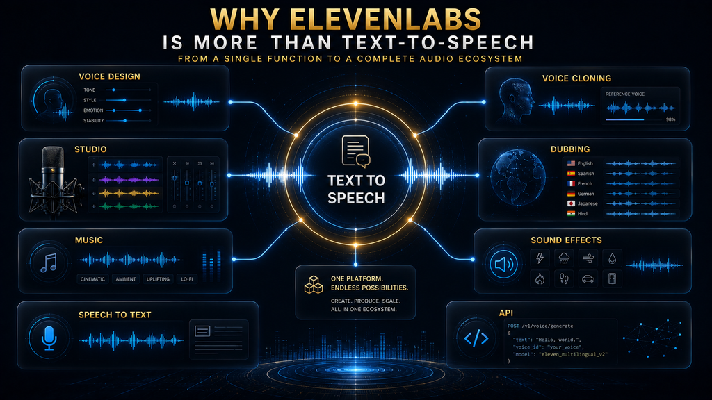 Diagram showing ElevenLabs expanding from text-to-speech into voice cloning, Studio, dubbing, music, sound effects and APIs.
