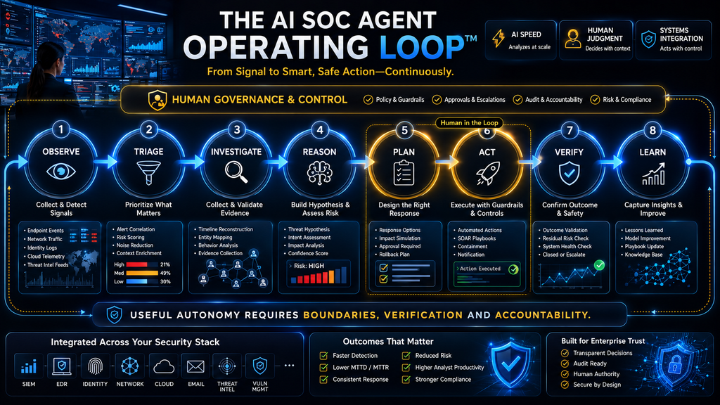 AI SOC Agent Operating Loop showing observation, investigation, reasoning, action, verification and learning