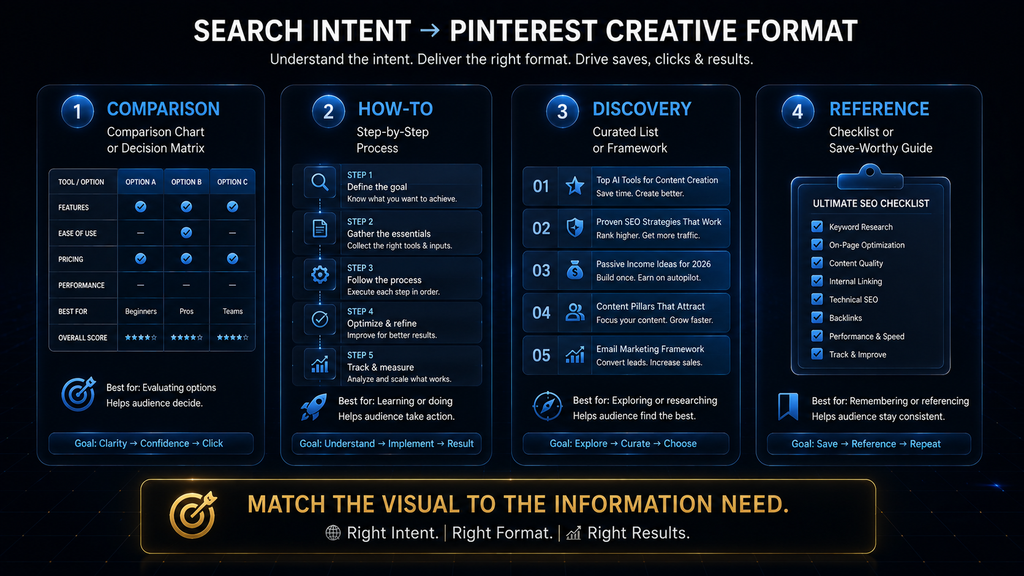 Pinterest search intent matched with comparison, how-to, discovery, and reference Pin formats