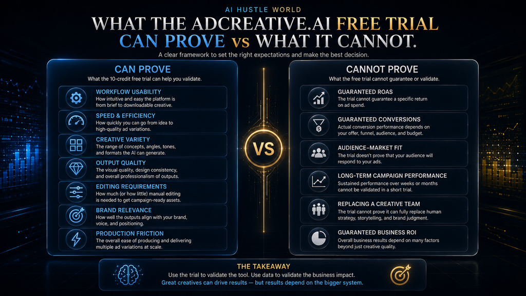 Comparison showing what the AdCreative.ai free trial can evaluate versus what it cannot prove about advertising performance.