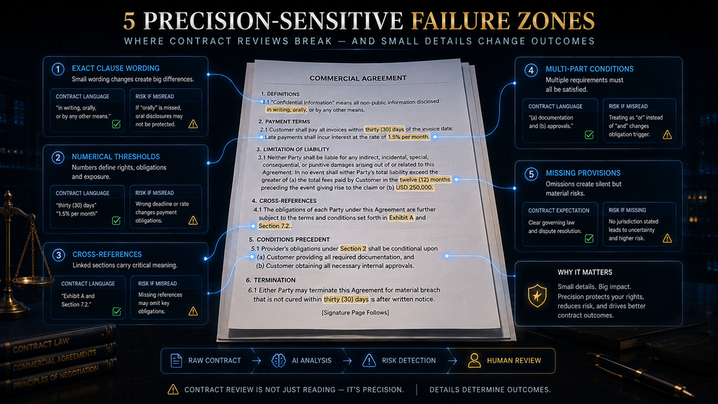 Contract-review failure map showing precise clause wording, numerical thresholds, cross-references, multi-part conditions and missing provisions.