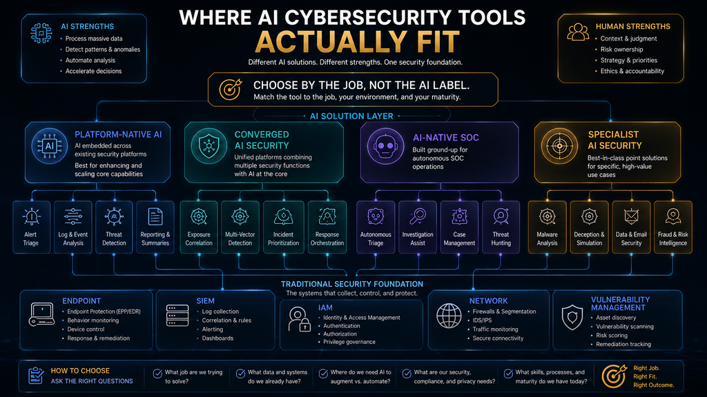 Four categories of AI cybersecurity tools mapped to enterprise security workloads. 