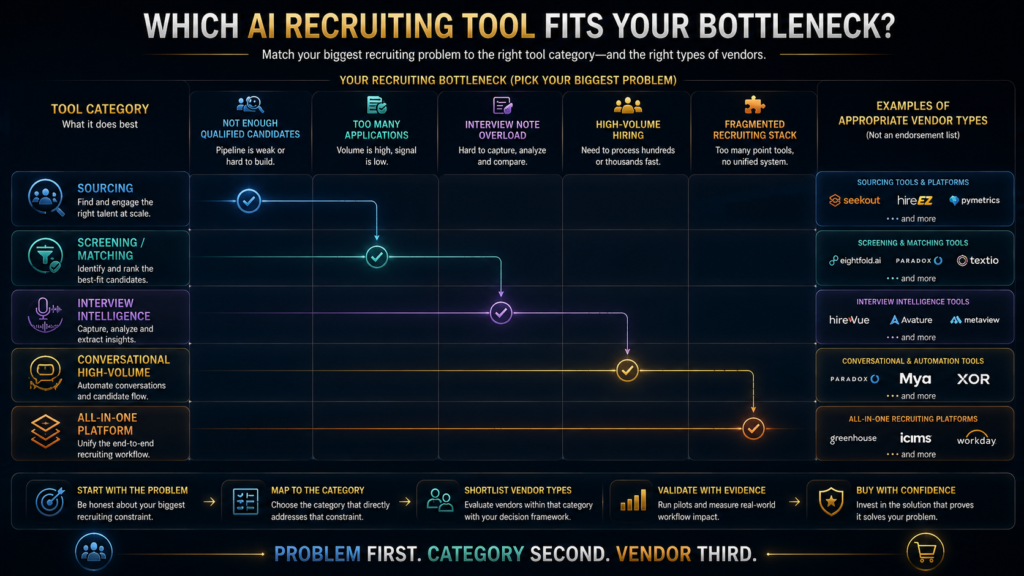AI recruiting tool decision matrix matching recruiting bottlenecks with sourcing screening interview and platform categories
