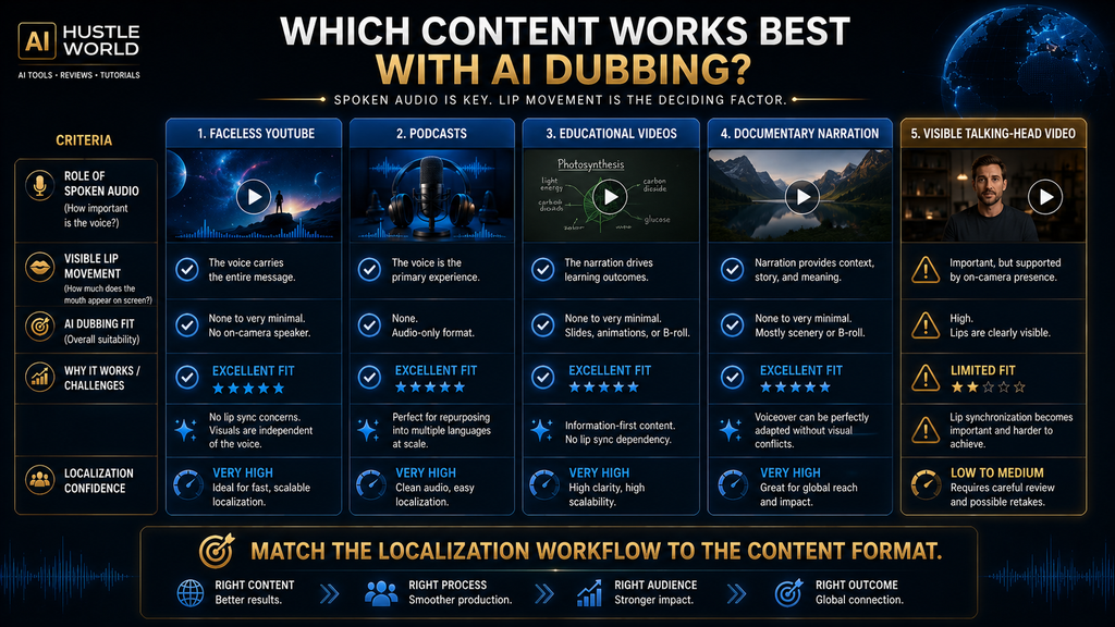Comparison showing which video formats are strongest and weakest fits for AI dubbing.