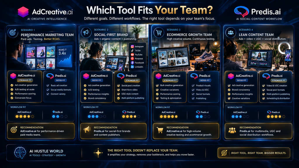 Four advertising team scenarios showing when AdCreative.ai or Predis.ai may be the better workflow fit
