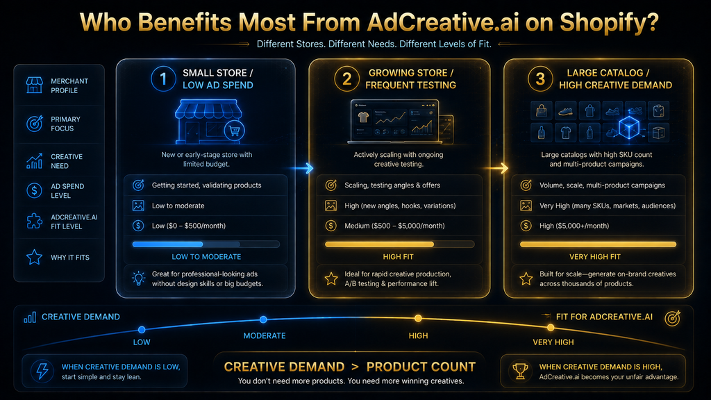 Shopify merchant profiles showing when AdCreative.ai becomes more valuable as creative demand increases.