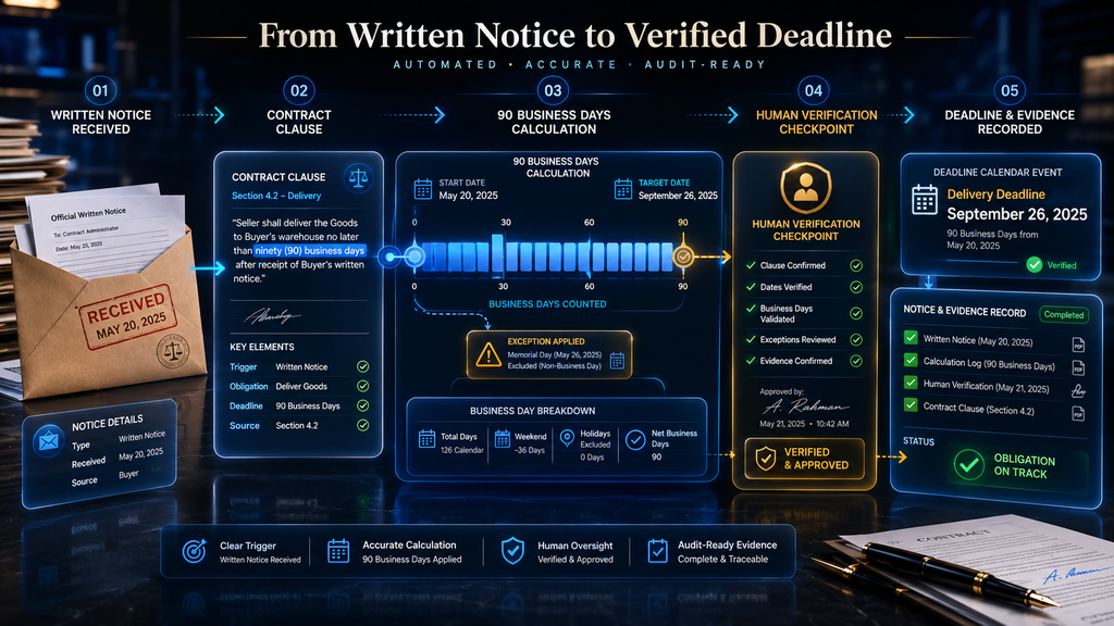 Contract deadline timeline from written-notice trigger through business-day calculation, review, and verified task. 