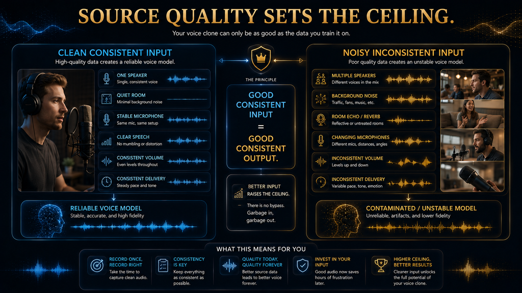 Comparison showing why clean consistent source audio is critical to ElevenLabs voice-cloning quality.