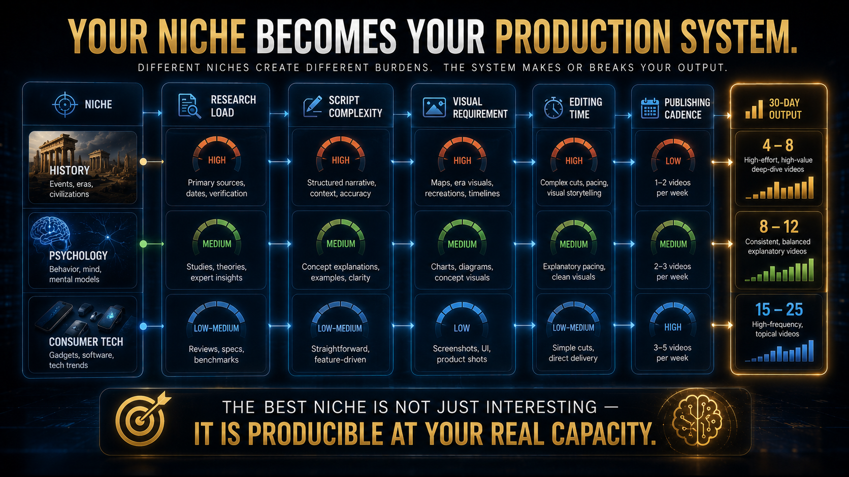 How YouTube niche selection affects research, scripting, editing time and publishing speed