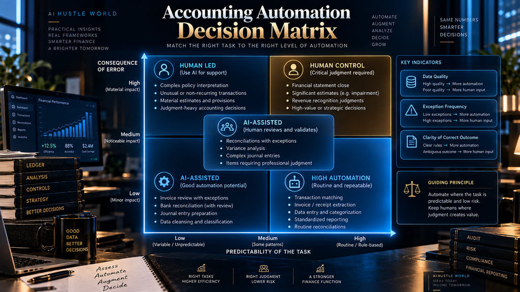 Accounting automation decision matrix based on repeatability, clarity, data quality, exceptions, and error risk