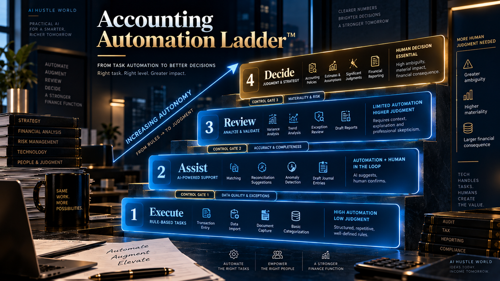 AI Hustle World Accounting Automation Ladder from execution to human decision-making