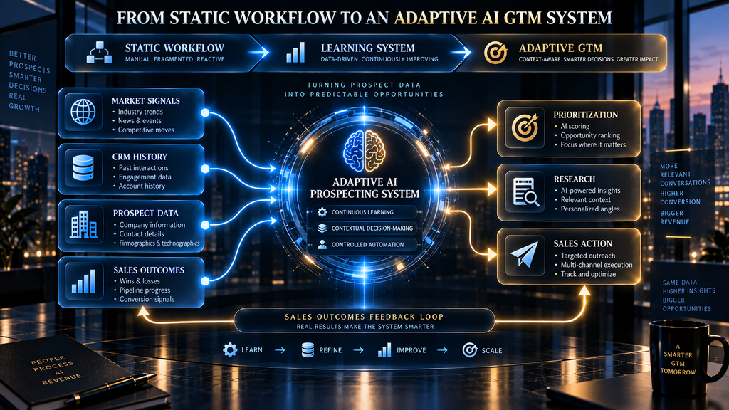 Adaptive AI B2B prospecting system learning from market signals, CRM data, and sales outcomes.