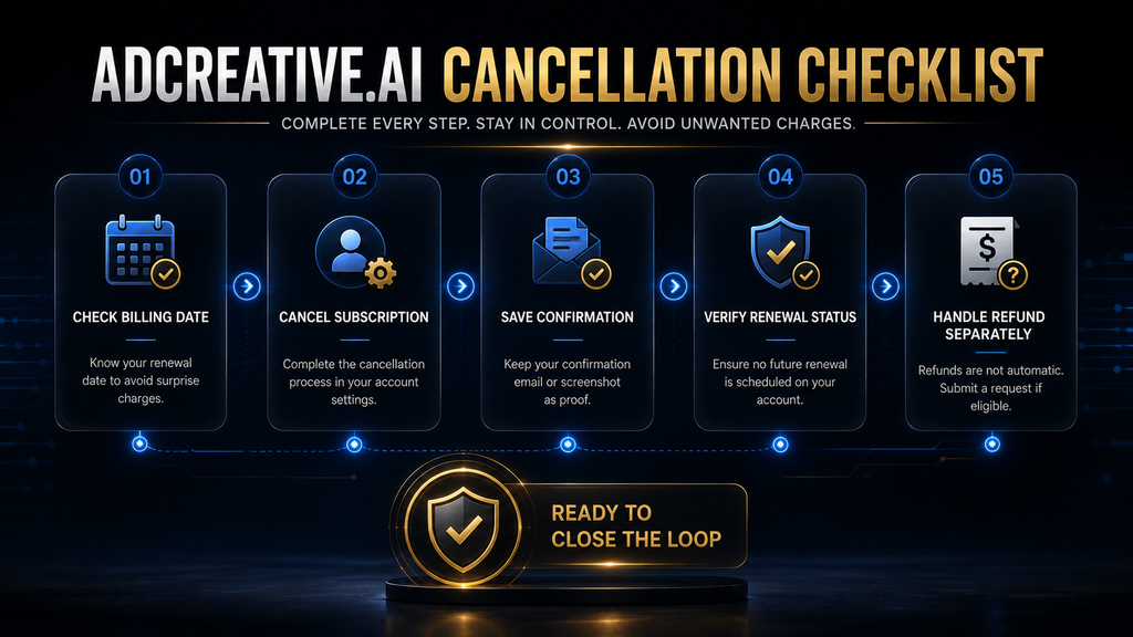 Final AdCreative.ai cancellation checklist showing billing date, cancellation confirmation and refund review.