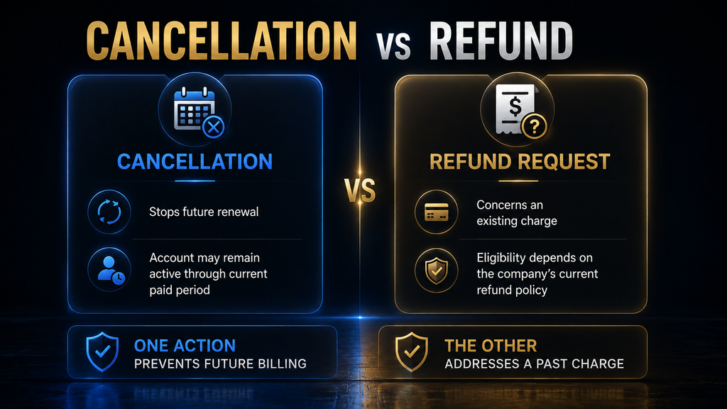Decision diagram showing that AdCreative.ai cancellation and refund requests are separate processes.