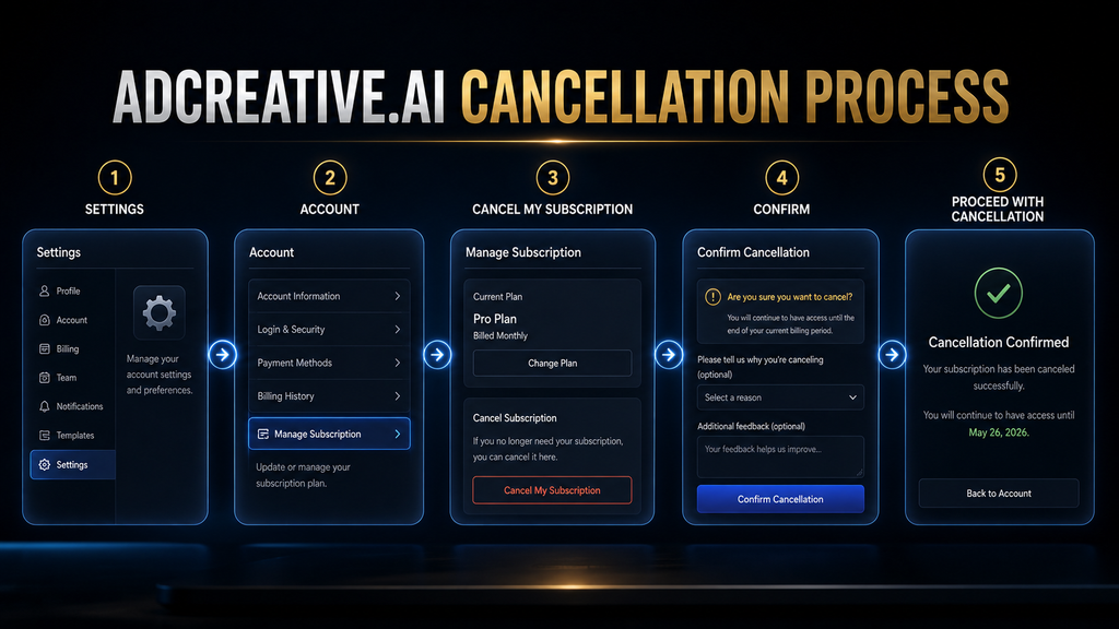 AdCreative.ai subscription cancellation process from account settings through final confirmation.