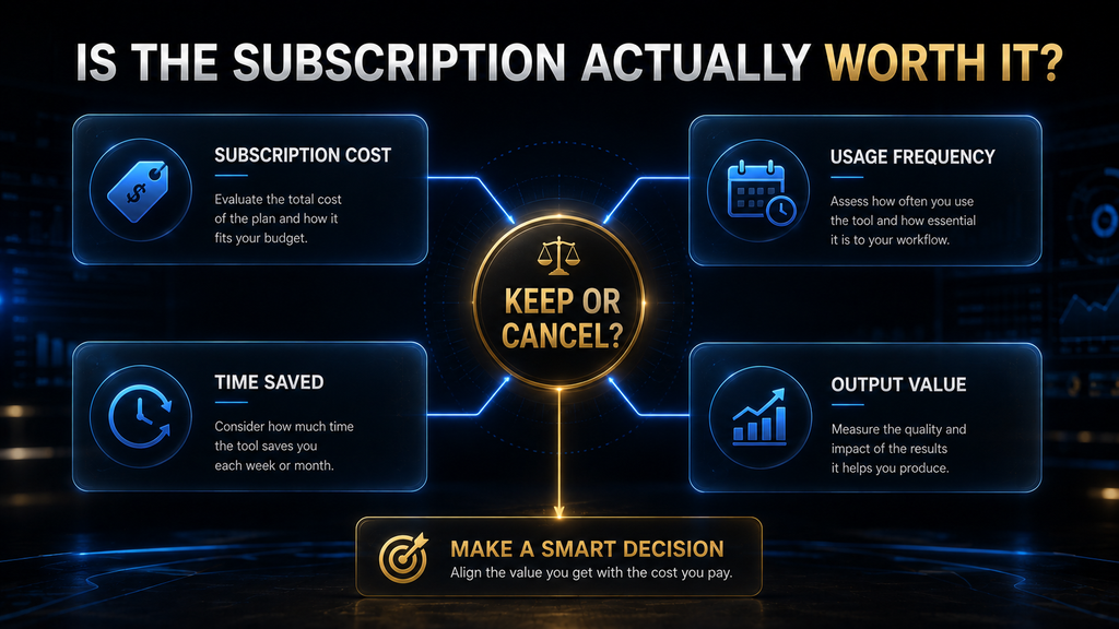 Subscription value framework comparing AdCreative.ai cost with usage, time saved and creative output value.