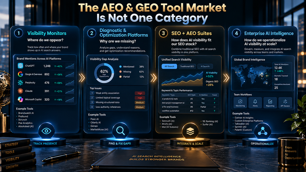 AEO and GEO tool market taxonomy comparing visibility monitors, optimization platforms, integrated SEO suites and enterprise AI intelligence systems.