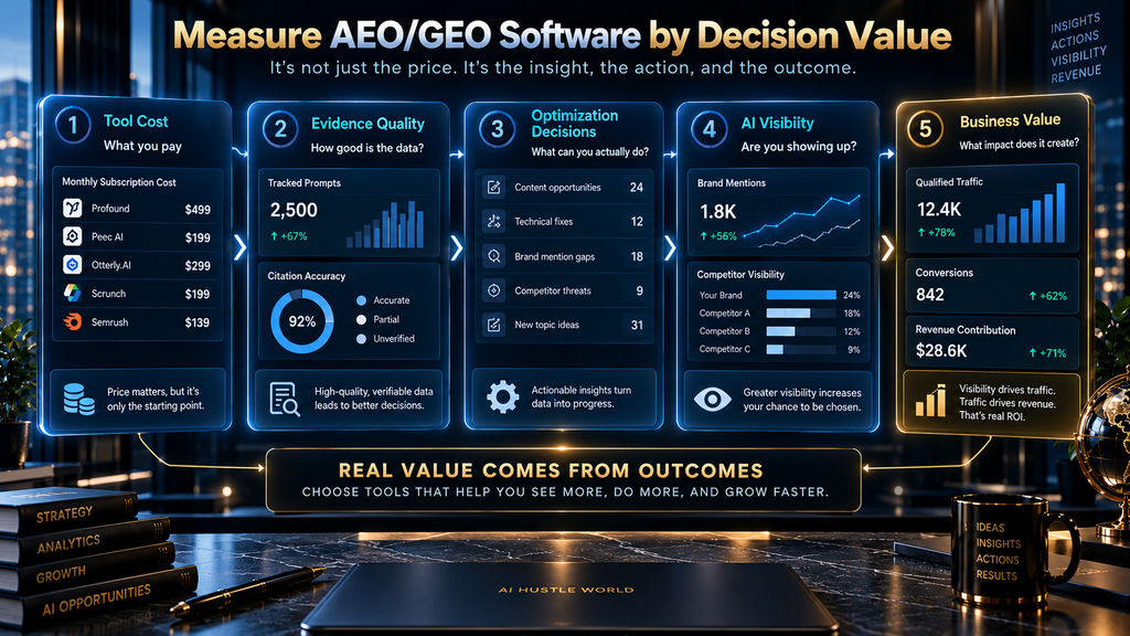 AEO and GEO software ROI framework connecting subscription cost to evidence, decisions, visibility and business outcomes.