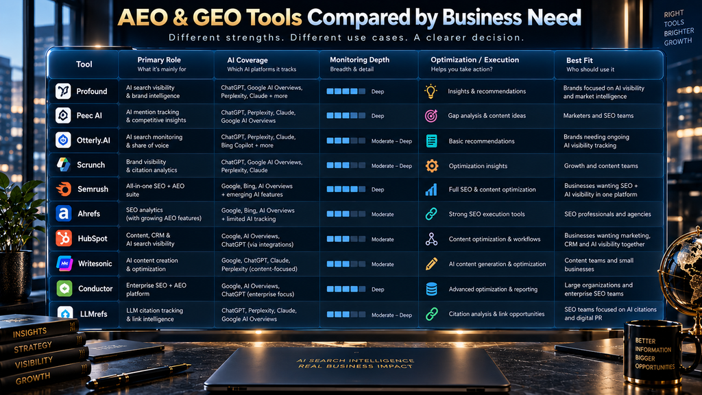 Comparison of the leading AEO and GEO tools by role, monitoring depth, workflow and business fit.