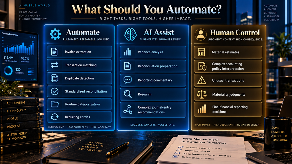 Accounting tasks categorized as automate, AI assist, or human control