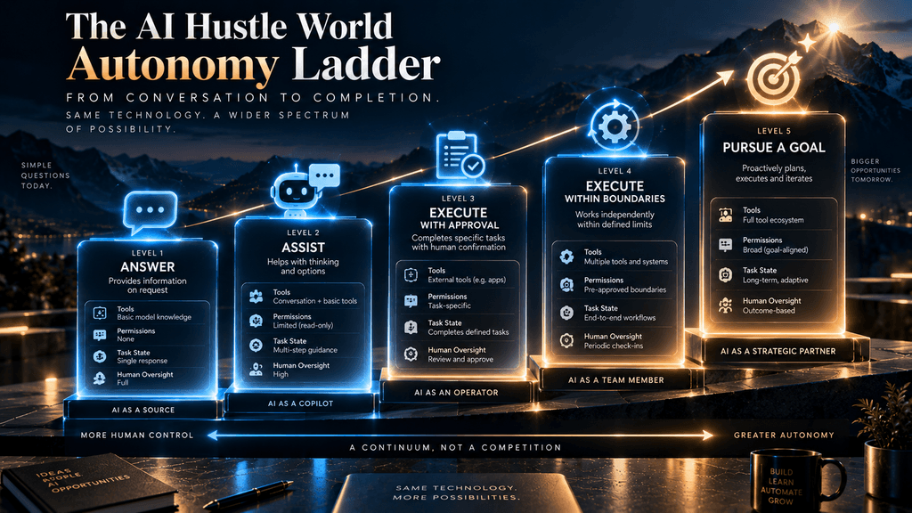 AI Hustle World Autonomy Ladder showing progression from answering questions to supervised execution and autonomous goal pursuit.
