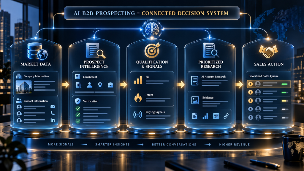 AI B2B prospecting workflow shown as one connected decision system