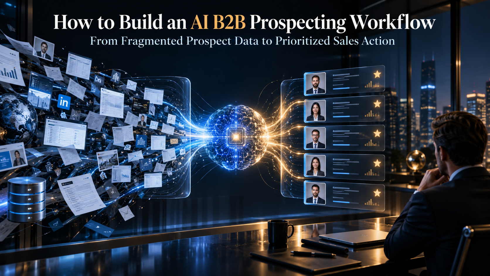 AI B2B prospecting workflow transforming fragmented prospect data into prioritized sales opportunities.