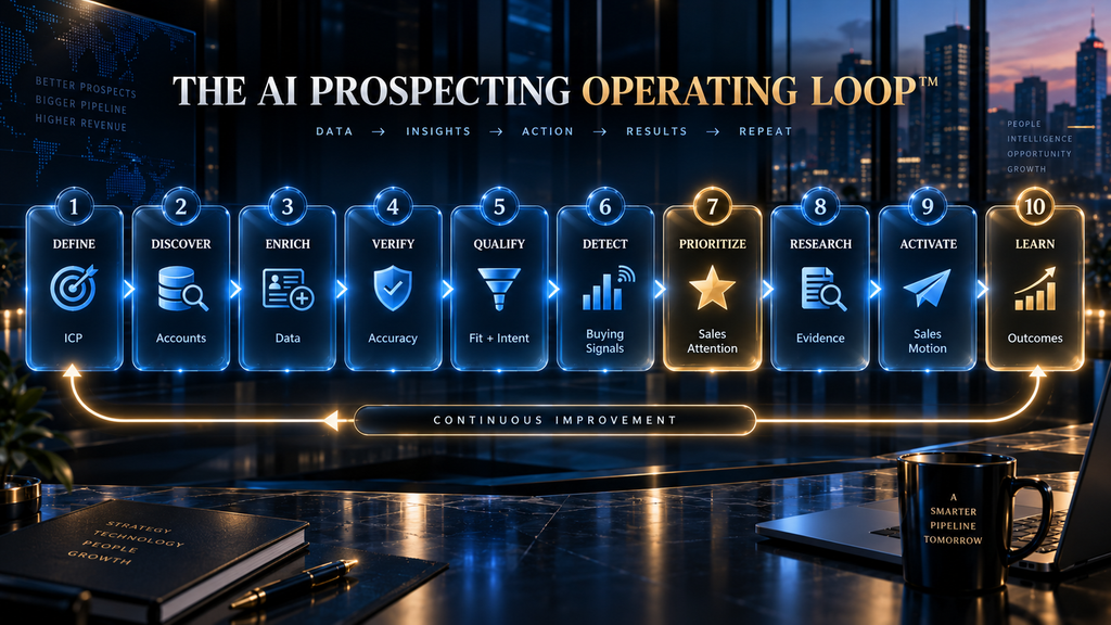 Ten-step AI B2B prospecting process from ICP definition through activation and learning.