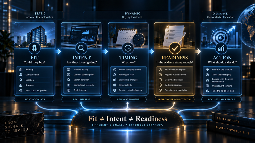 Difference between B2B account fit, intent, timing, readiness, and sales action