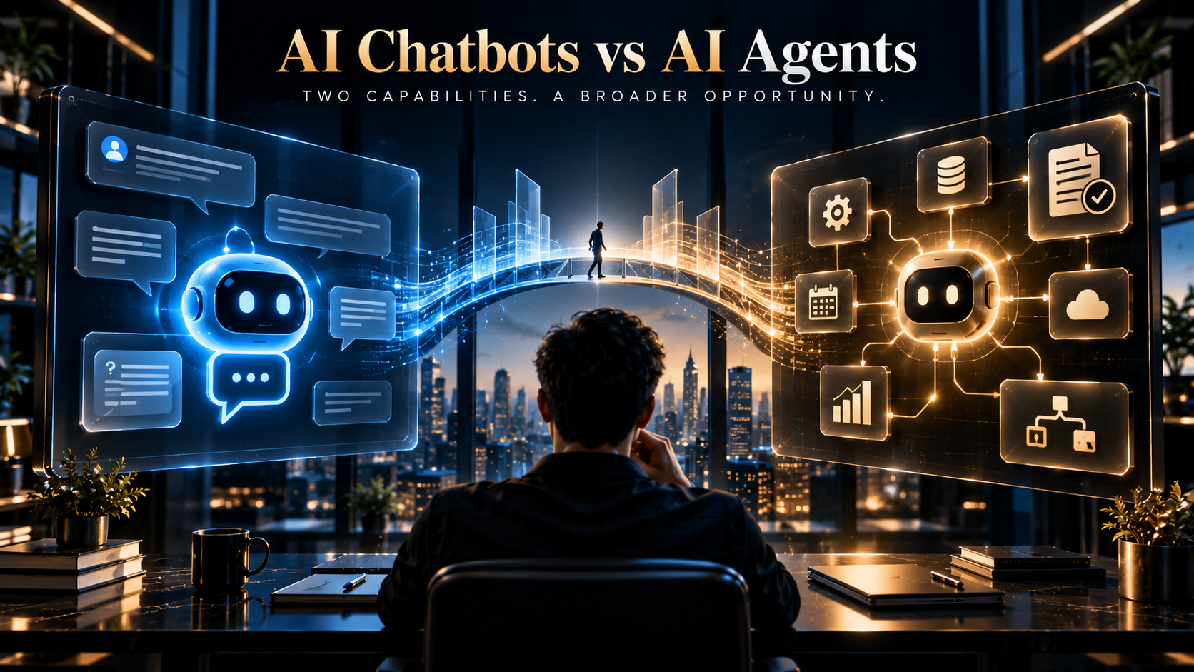 AI chatbots vs AI agents architecture compared across conversation, tools, workflows and autonomy.