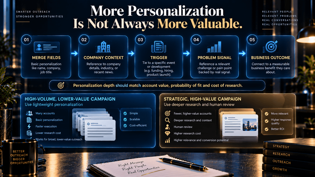 AI cold email personalization framework showing increasing levels of context and the economics of personalization depth.