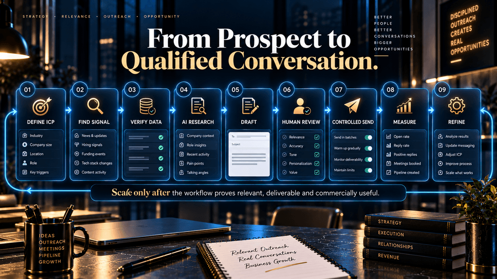 AI cold email workflow from defining the ideal customer profile through research, human review, controlled sending, measurement and refinement.