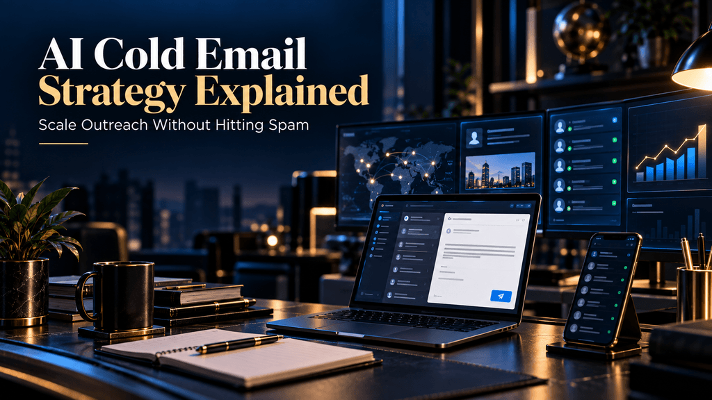 AI cold email strategy hero visual with the title and subtitle over a premium outbound sales environment.