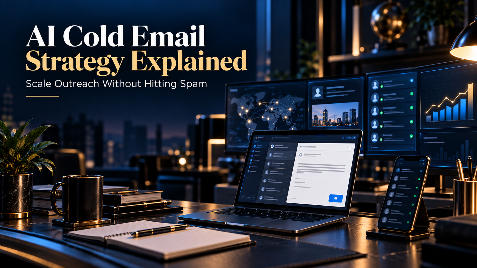 AI cold email strategy hero visual with the title and subtitle over a premium outbound sales environment.