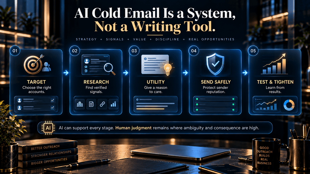 AI cold email system showing targeting, research, utility, safe sending and continuous testing.