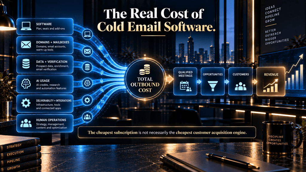 Cold email software economics showing software, data, infrastructure and human costs leading to qualified meetings, customers and revenue.