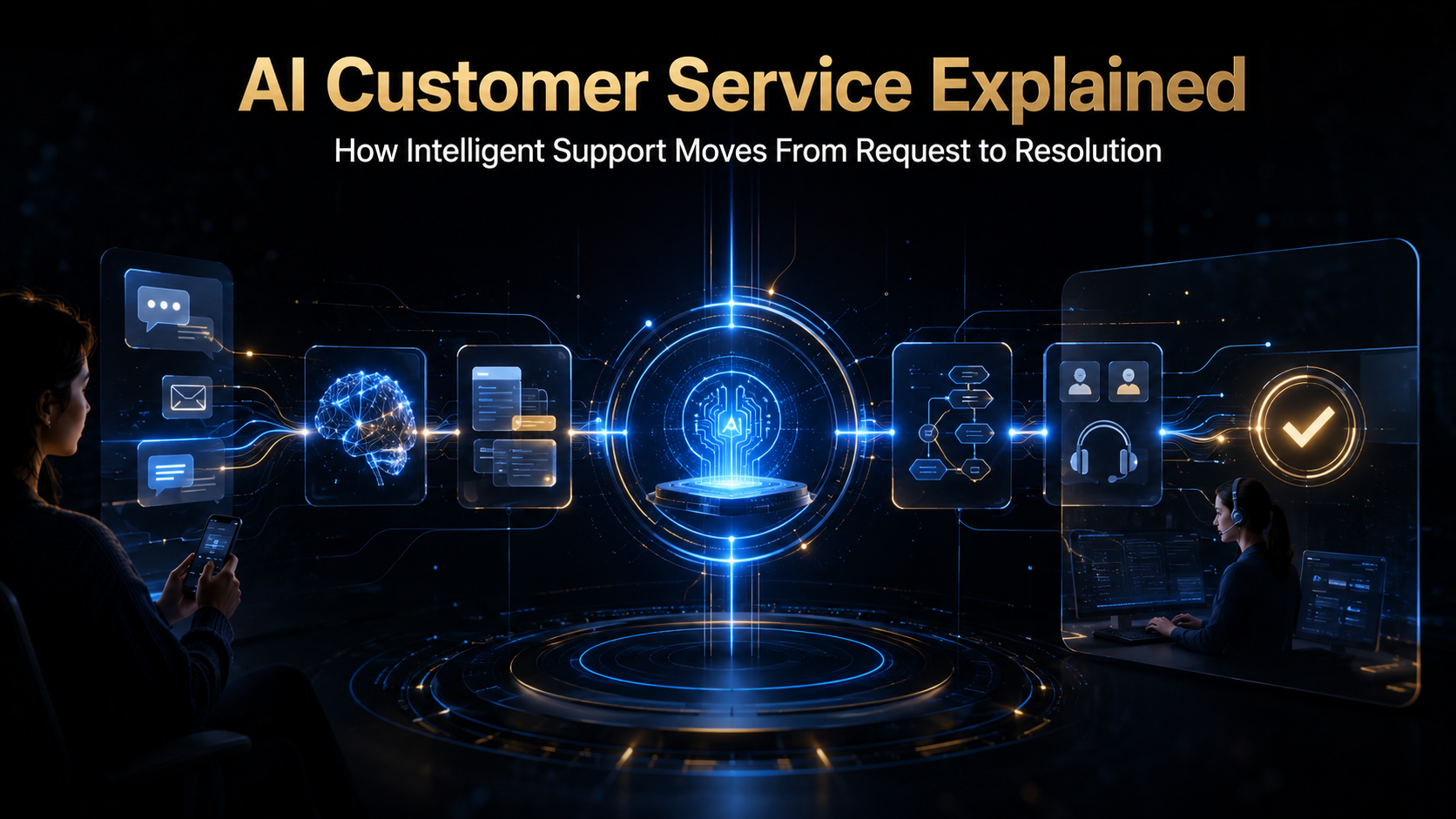 AI customer service system connecting customer requests, AI reasoning, knowledge, workflows and human escalation.