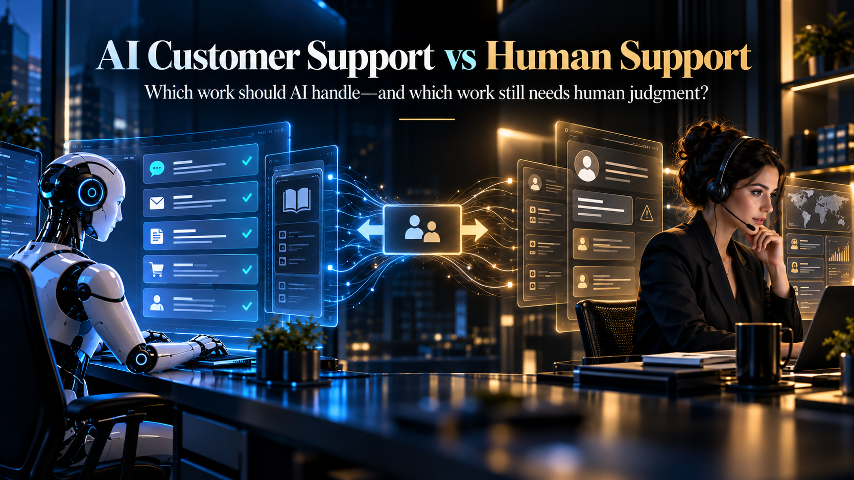 AI customer support vs human support working together in a modern customer-service workflow