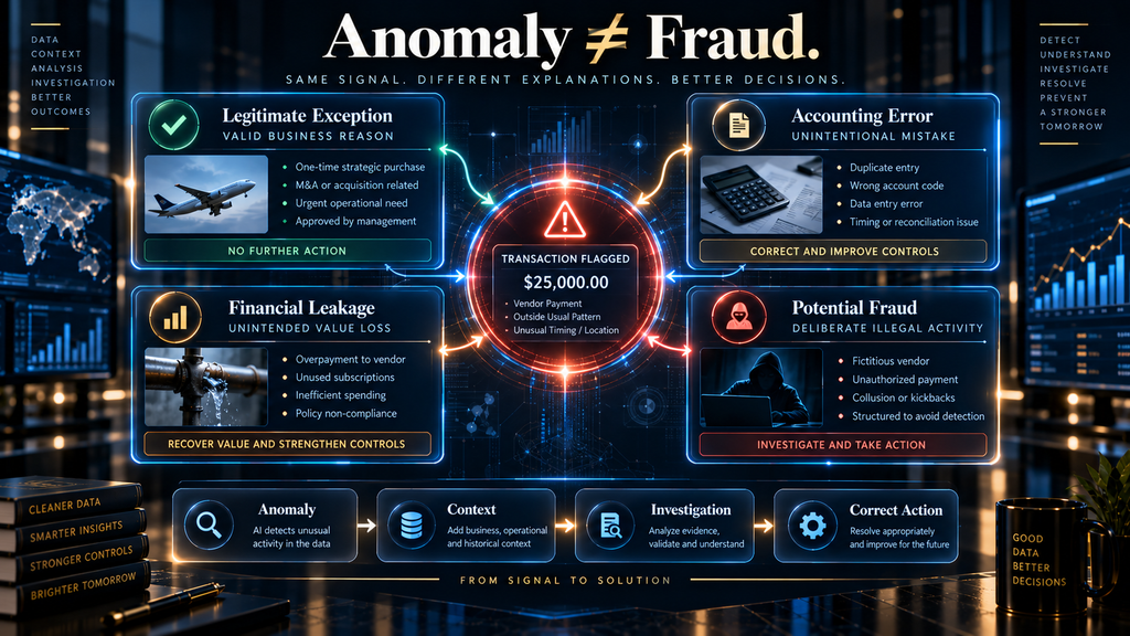 AI financial anomaly detection distinguishing legitimate exceptions, accounting errors, financial leakage and potential fraud.
