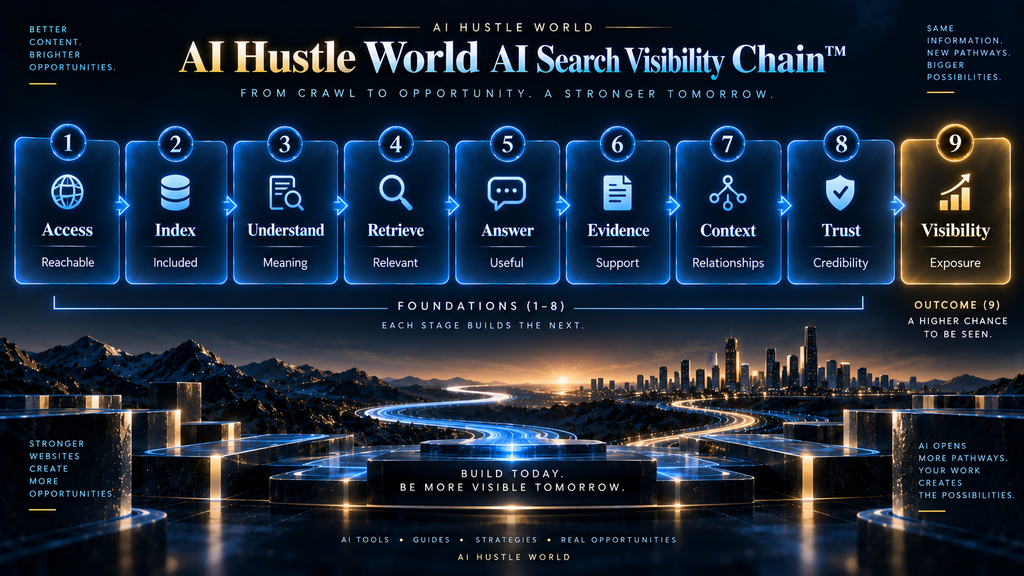 AI Hustle World AI Search Visibility Chain from access and indexing to generative search visibility.