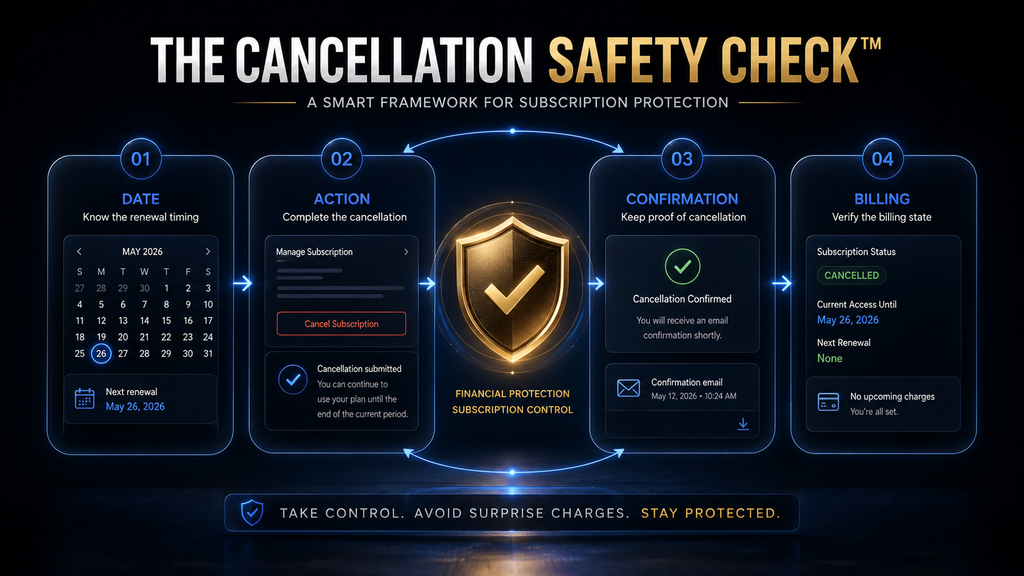 AI Hustle World Cancellation Safety Check framework showing date, action, confirmation and billing verification.