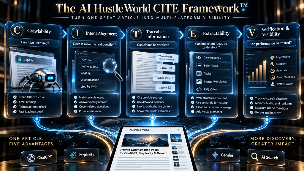 AI Hustle World CITE Framework showing Crawlability, Intent Alignment, Traceable Information, Extractability, and Verification and Visibility.