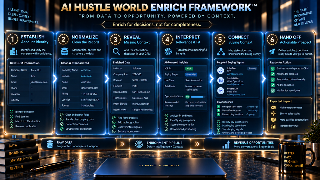 AI Hustle World ENRICH Framework for turning raw B2B data into actionable sales intelligence