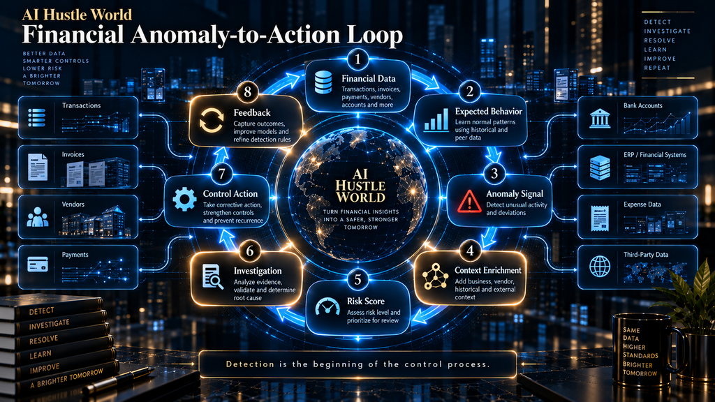 AI Hustle World Financial Anomaly-to-Action Loop showing how financial data becomes an anomaly signal, risk assessment, investigation, control action and feedback.