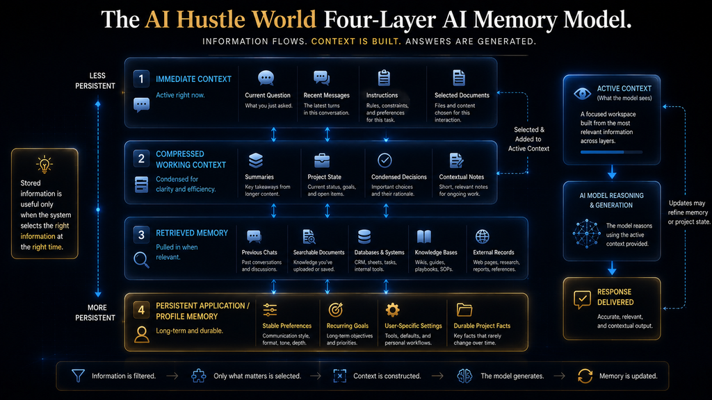 The AI Hustle World Four-Layer AI Memory Model showing context, compressed context, retrieved memory, and persistent application memory.