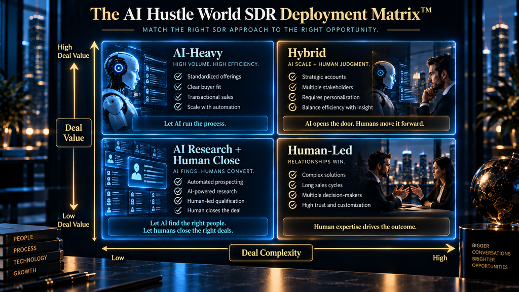 The AI Hustle World SDR Deployment Matrix framework by deal size