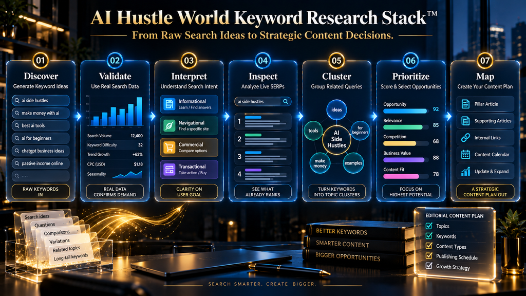 AI Hustle World Keyword Research Stack from discovery to content mapping