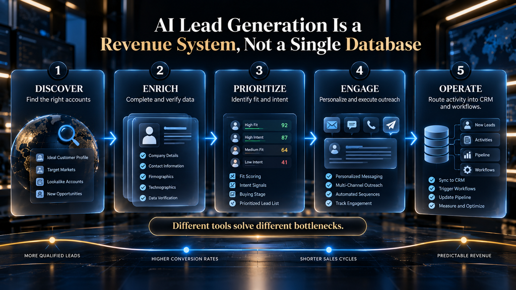 AI lead generation tools perform different jobs across discovery, enrichment, prioritization, engagement and operations