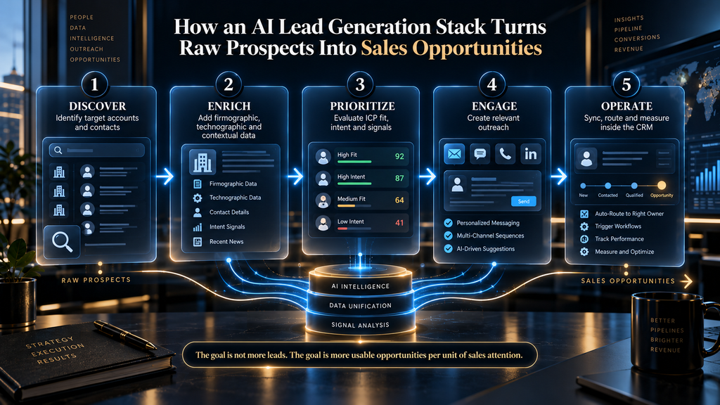 How AI lead generation tools move prospects from discovery to enrichment, prioritization, engagement and CRM execution