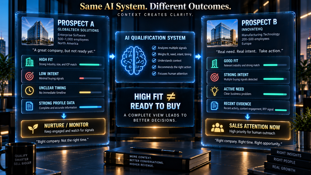AI lead qualification comparison of two B2B prospects by fit intent timing and evidence